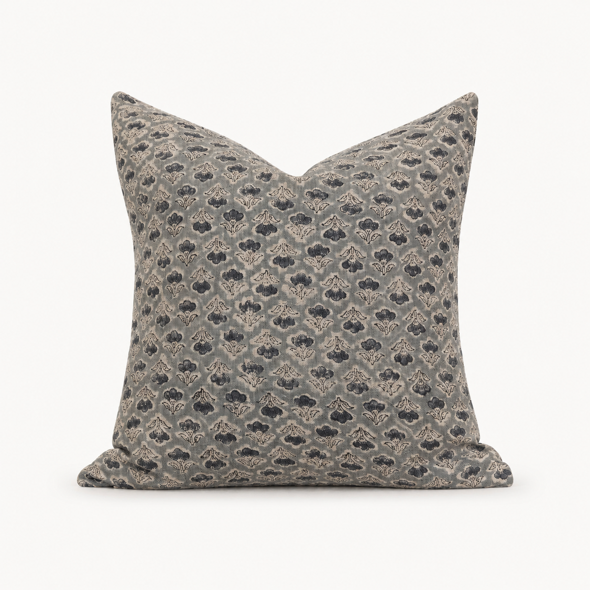 Eden hand block print floral throw pillow cover, small charcoal floral on dusty blue linen