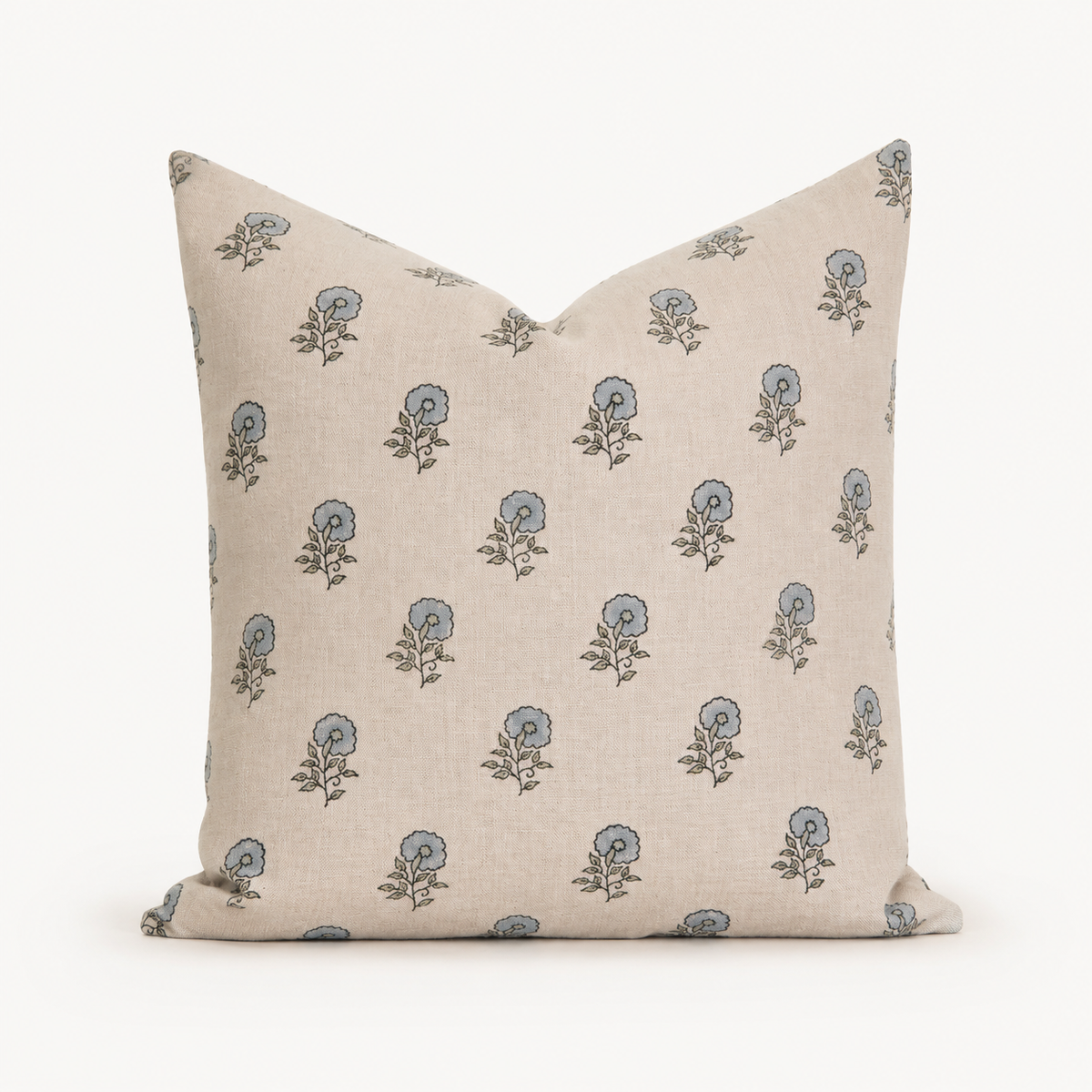 Lottie hand block print floral throw pillow cover, small blue floral on natural linen