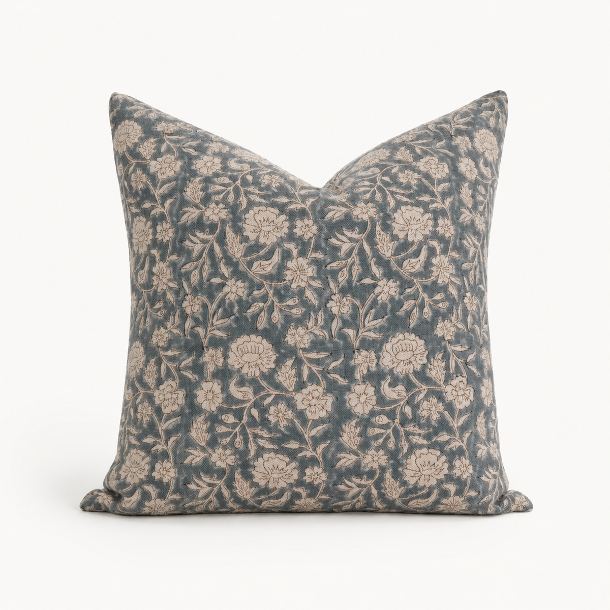 Mabel hand block print floral throw pillow cover, natural linen vine on a blue ground