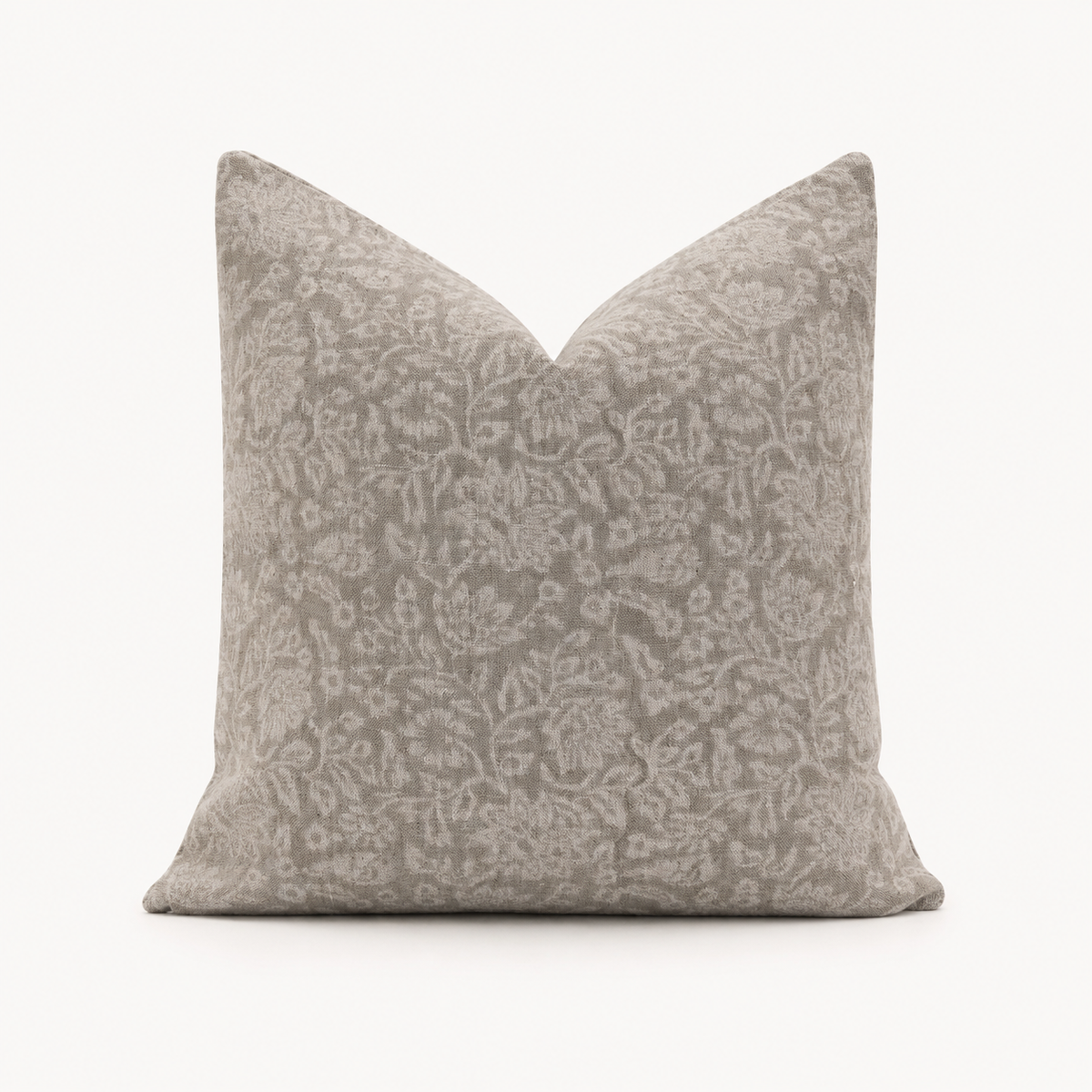 Raven hand block print floral throw pillow cover, large tonal warm gray floral on natural linen