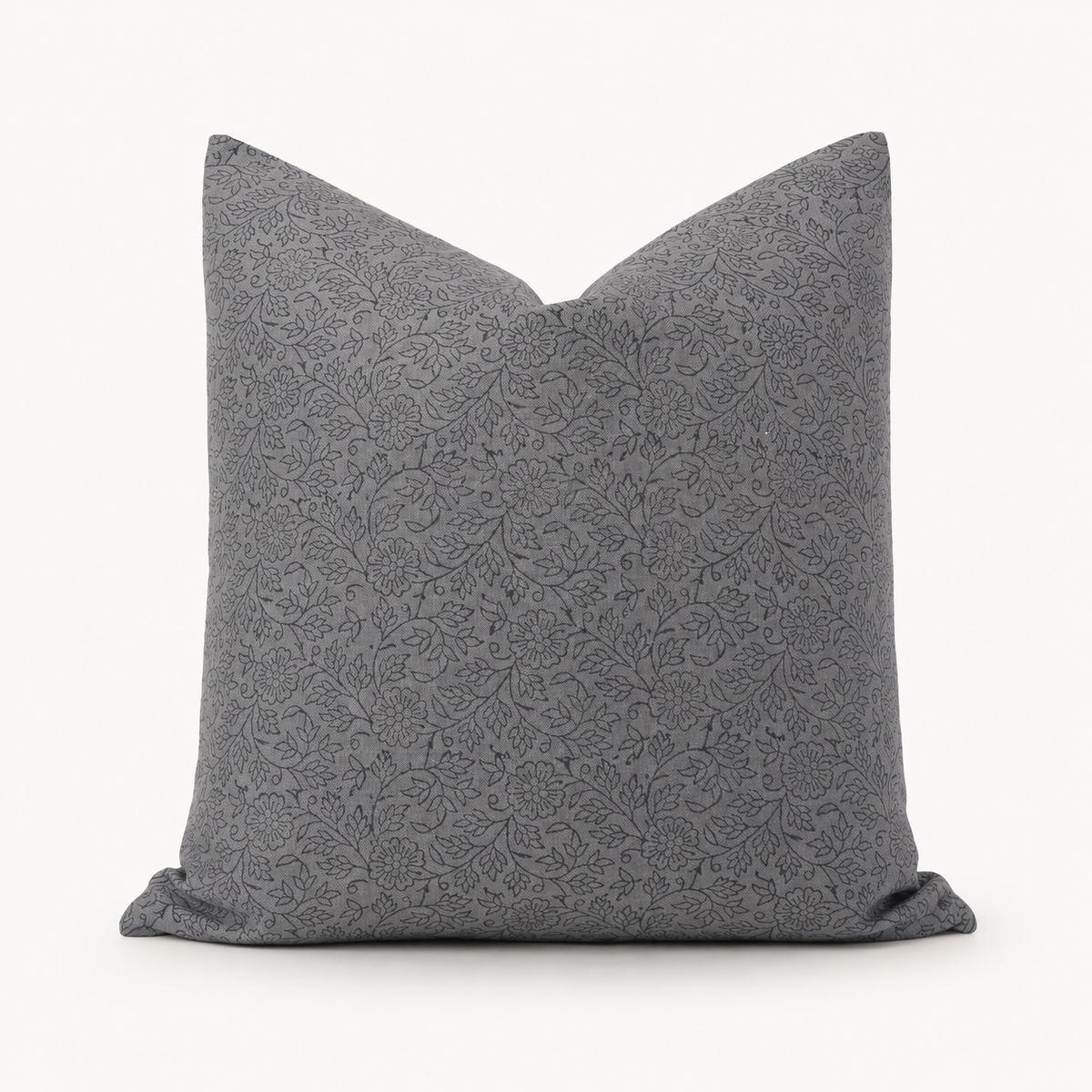 Raya hand block print floral throw pillow cover, tonal dusty blue floral on linen